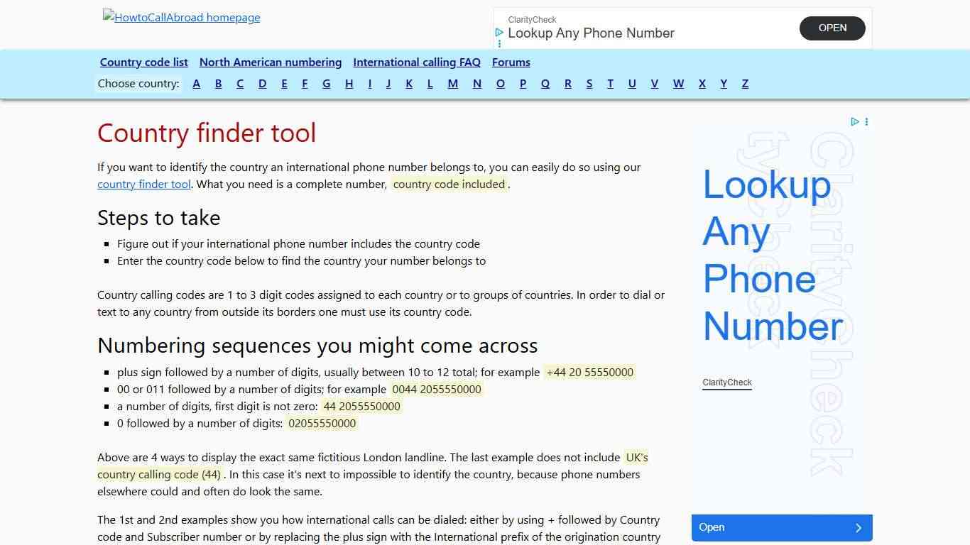 Country finder tool for international phone numbers